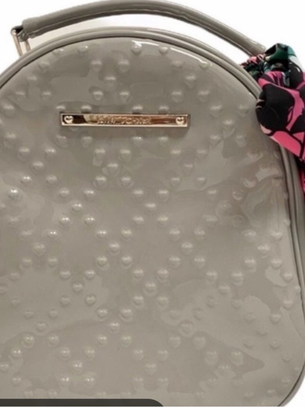 Betsey Johnson Light Gray Patent Heart-Embossed Top-Handle Crossbody
